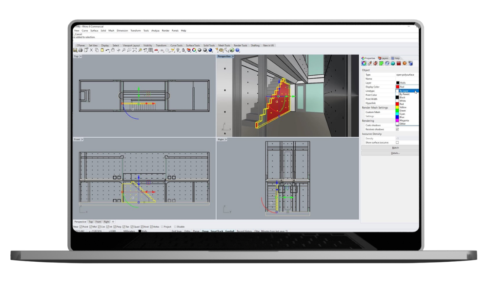 Interface do Rhinoceros 3D mostrando um projeto em corte