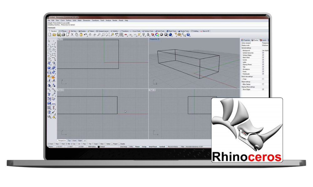 Interface do Rhinoceros 3D com as quatro vistas de modelagem