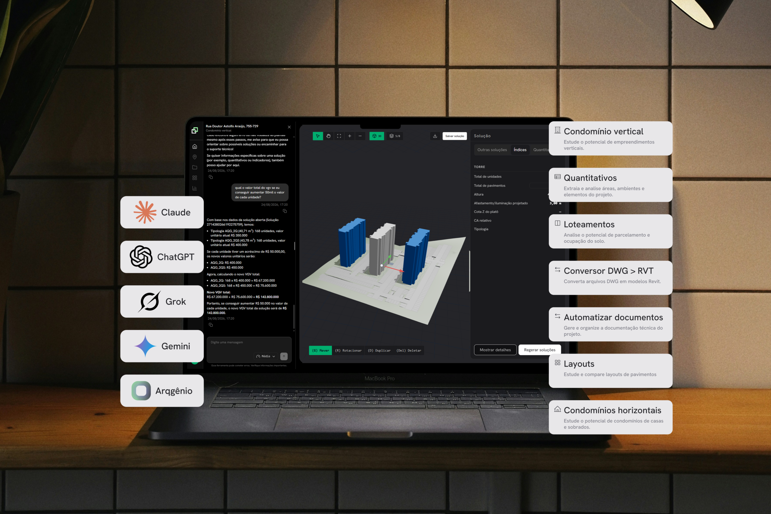 Plataforma Arqgen gerando estudos de viabilidade em tempo real